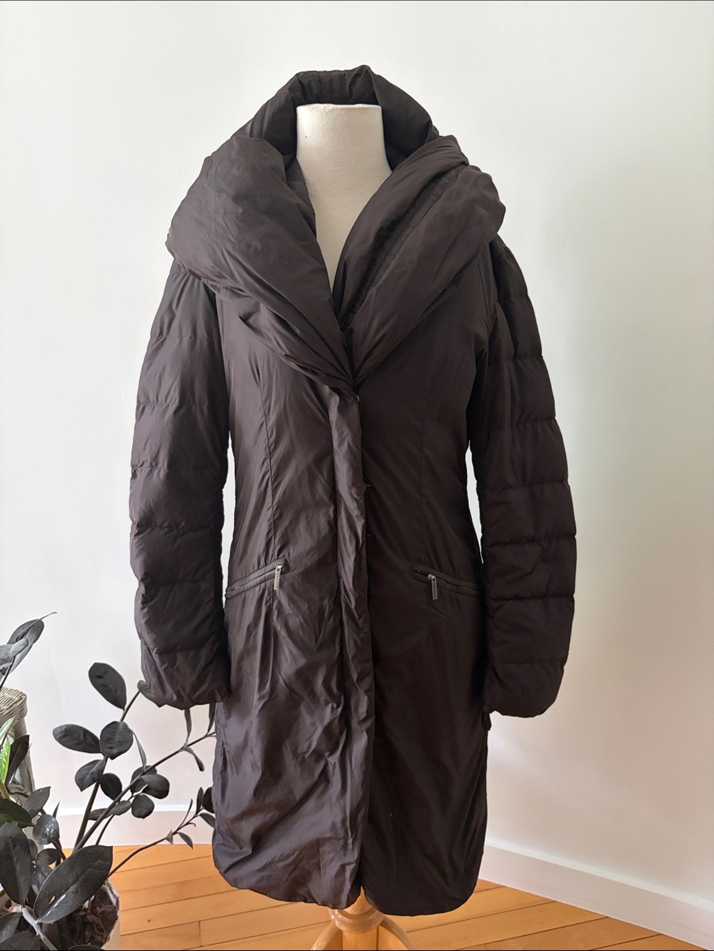 Add Down Women's Dark Brown Long Puffer Coat with Oversized Collar